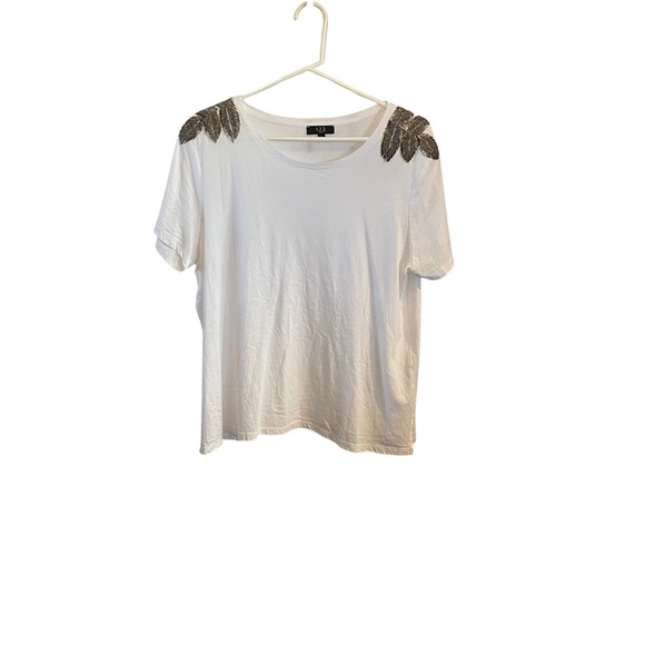 123 White Cotton T-shirt Top Embellished Zirconium Beaded Shoulders blouse - Picture 2 of 8